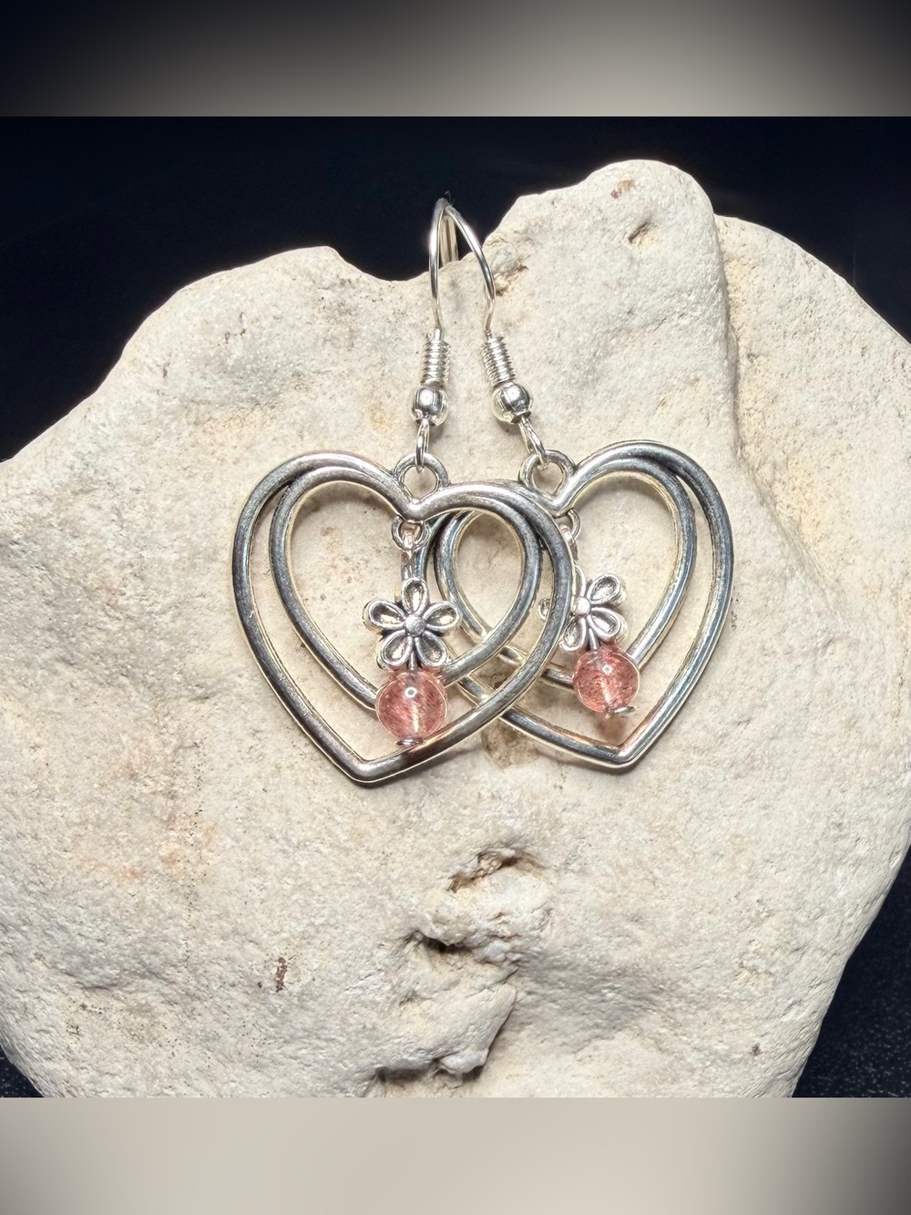 ✨Handmade✨ Silver Heart Earrings w/ Pink Bead & Flower Accent - Hypoallergenic